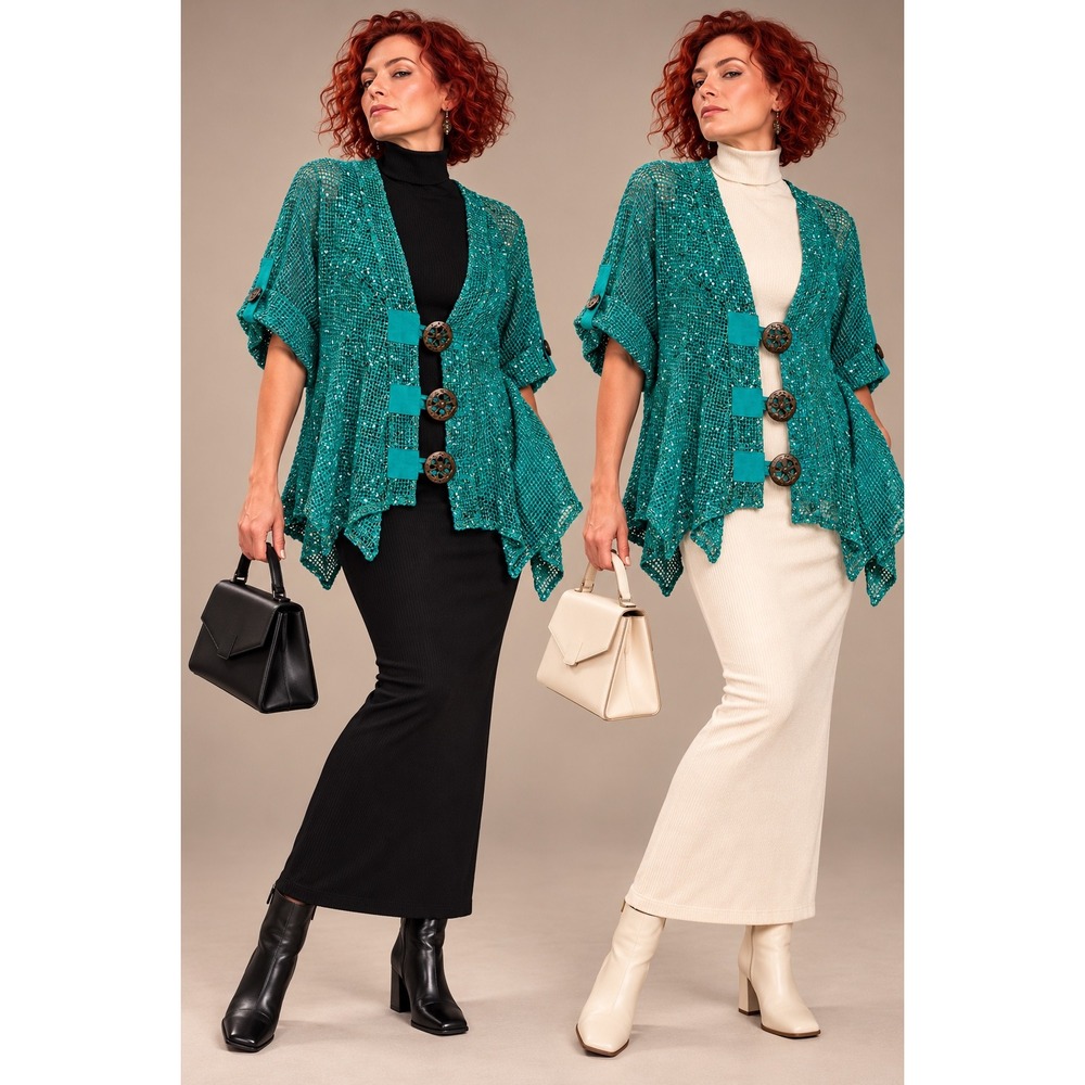 Dalin L Teal Mesh Jacket Sequin Button Closure Textured Boho Evening